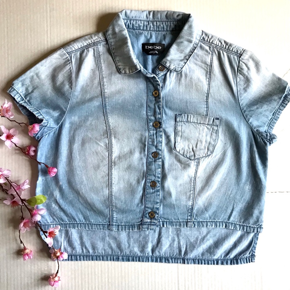 Bebe Blue Denim Button Down Crop Top